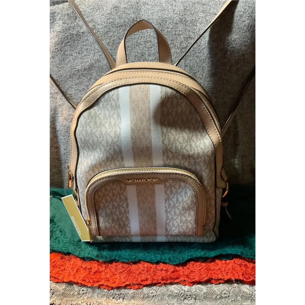 Michael Kors Jayce Vanilla Beige Coated Canvas Zip Soulder Bag Tote Backpack