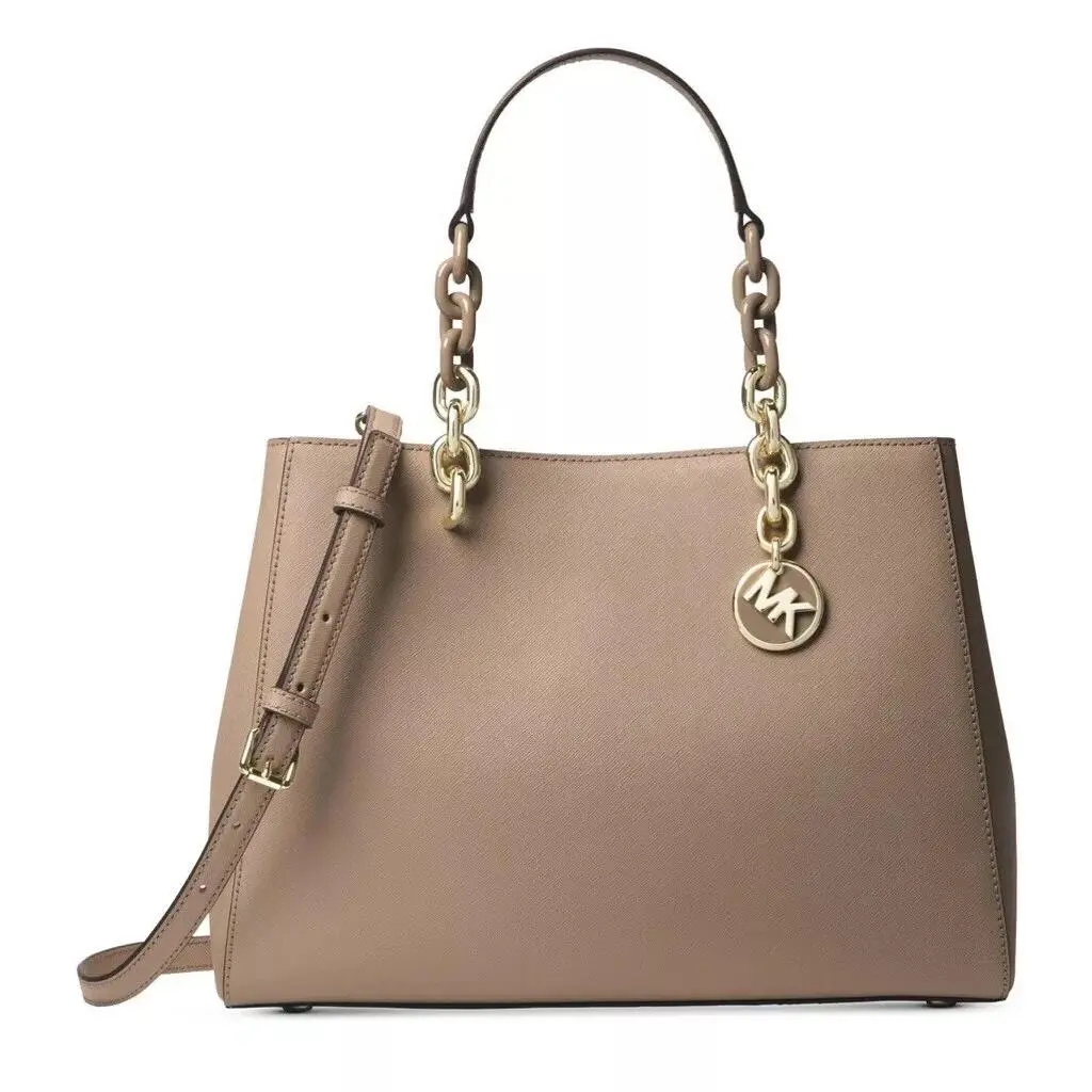 Michael Kors Cynthia MD Satchel Truffle Gold Chain Bag Saffiano Leather