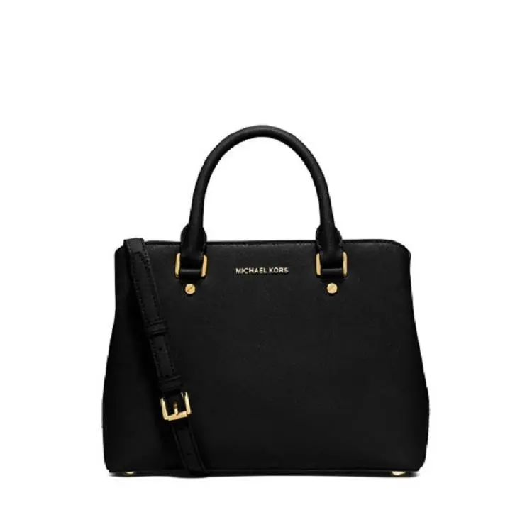 Michael Kors Savannah Medium Saffiano Leather Satchel Black Tote Black Gold