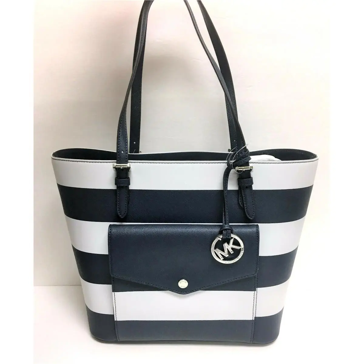 Michael Kors Jet Set Travel Stripe Navy Blue+white Saffiano Leather Tote Bag