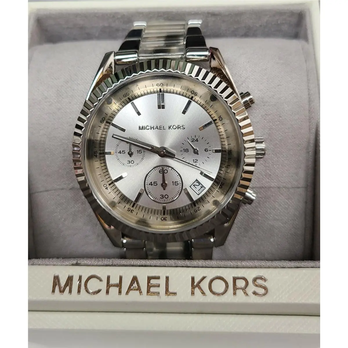 Michael Kors Clarkson Chronograph Grey Acetate Bracelet Womens Watch MK5962