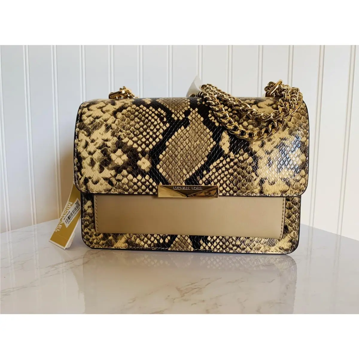 Michael Kors Jade Large Gusset Snake Print Leather Shoulder Handbag Camel