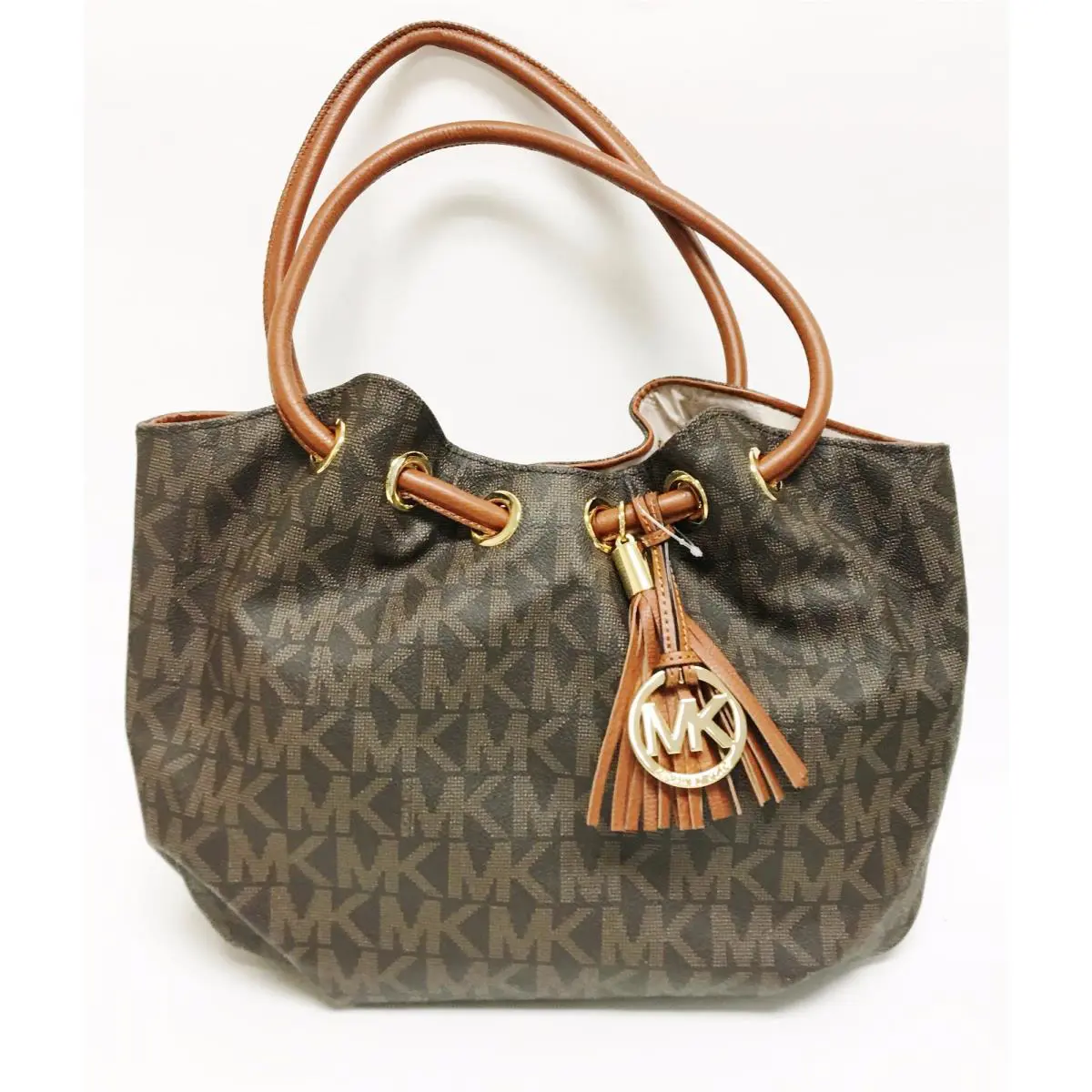 Michael Kors Ring Tote Brown Leather Gold MK Logo Tassel Med EW Shoulder Bag