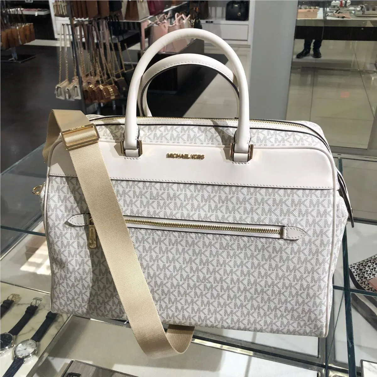 Michael Kors MK Travel Luggage Large Top Zip Weekender Bag- Light Cream Multi