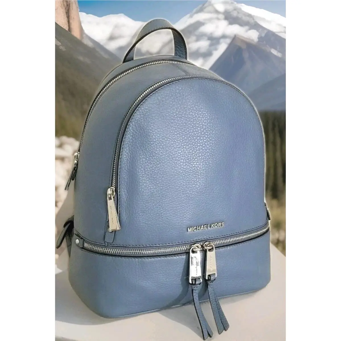 Michael Kors Rhea Zip Backpack Denim Blue Lthr Silver Travel School Bag