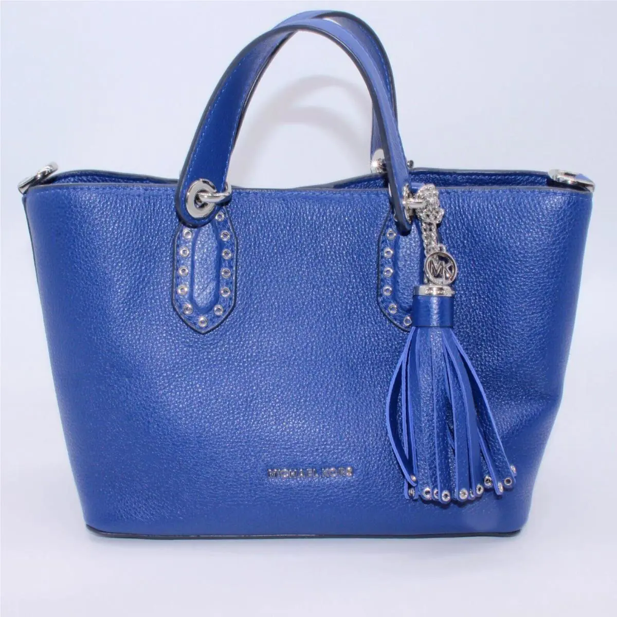 Michael Kors Satchel Shoulder Bag Purse Logo Blue Leather Silver