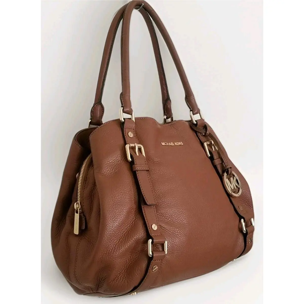 Michael Kors Bedford Luggage Brown Leather Large Belted EW Satchel Bag