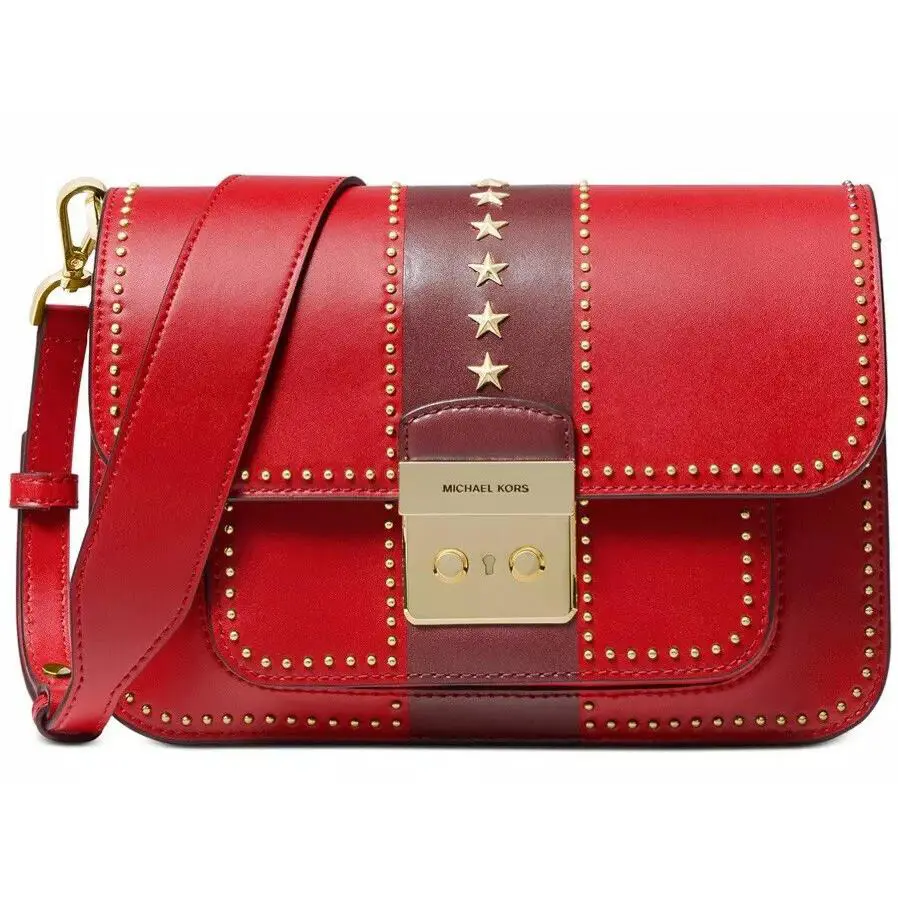 Michael Kors Sloan Editor Shoulder Bag Leather Gold Star Studs Red Stripes