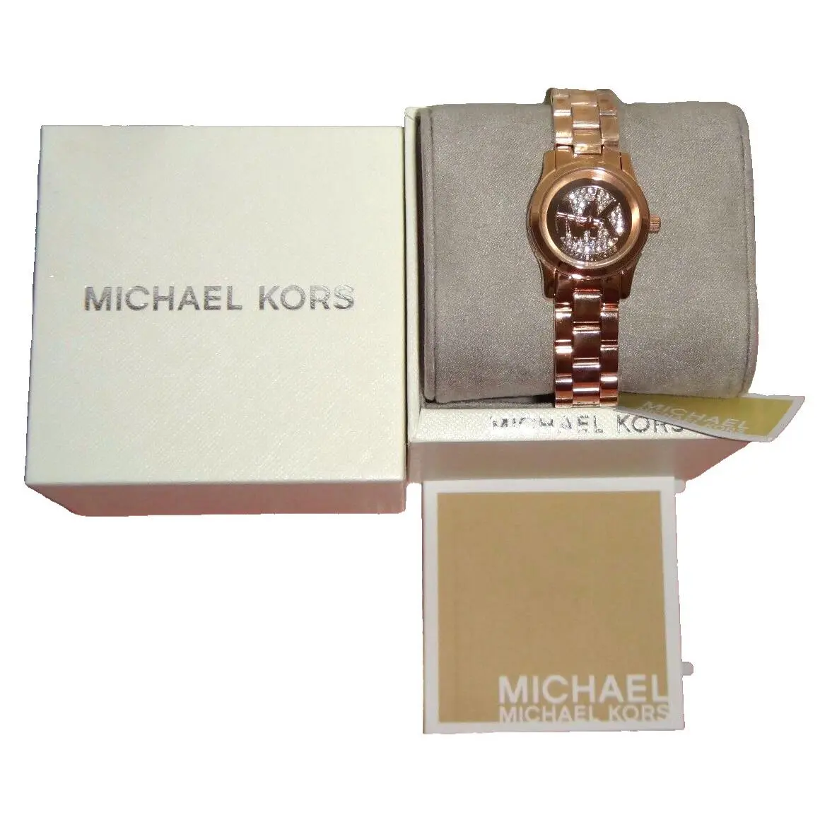 Michael Kors Womens Petite Runway Rose Gold Mini Watch Crystals Logo Dial MK3613