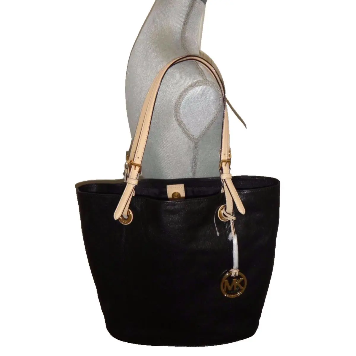 Michael Kors Jet Set MK LG Tote Bag Purse Black Leather Beige Straps 38T5CTTT7L