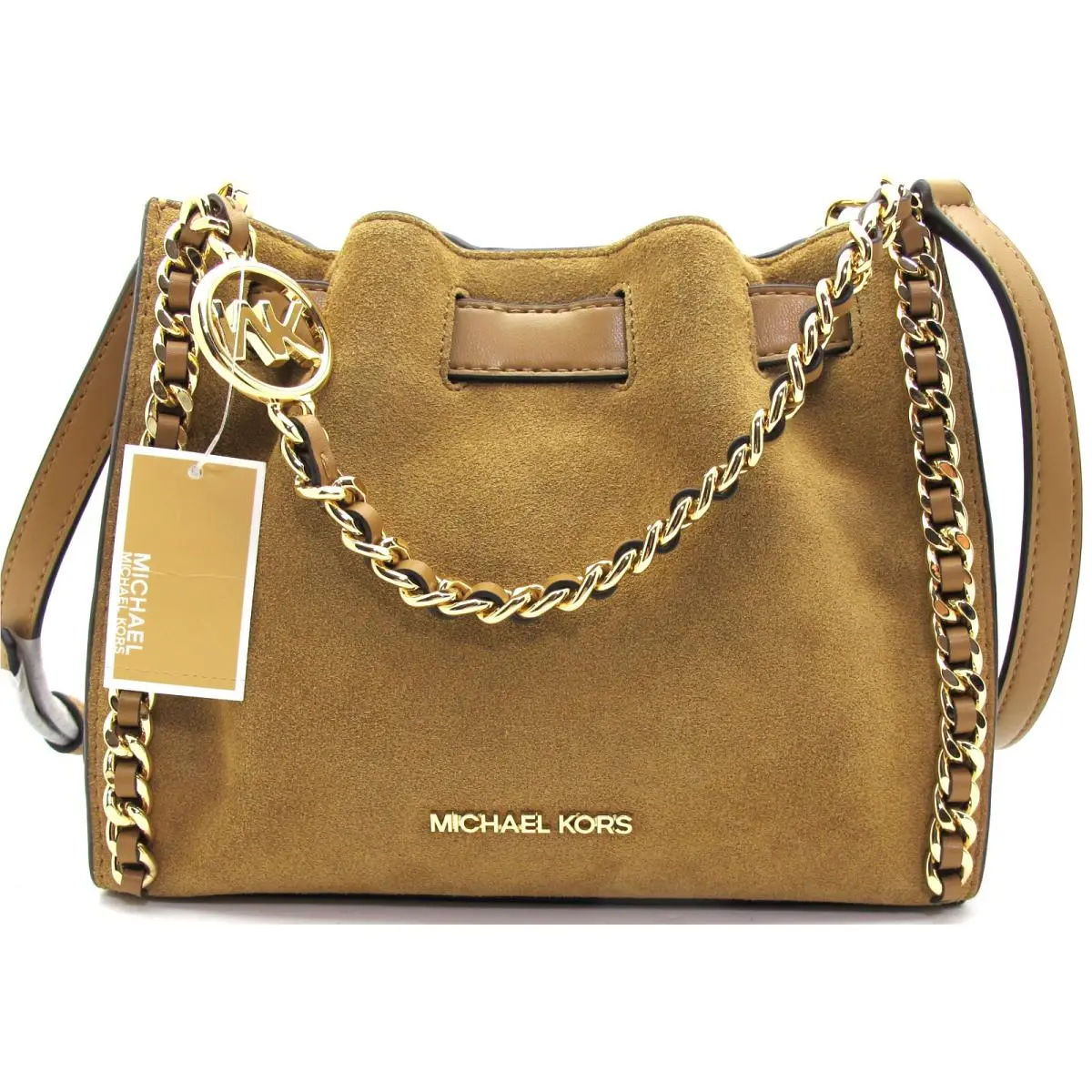 Michael Kors Mina Small Suede Leather Chain Woven Crossbody Deer Light Brown
