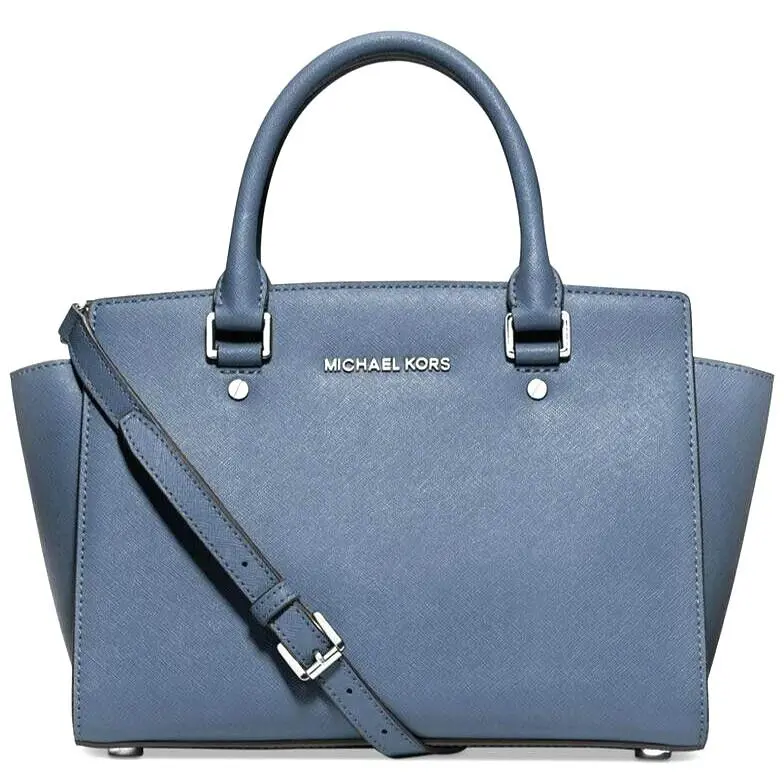 Michael Kors Selma Denim Blue Saffiano Leather Crossbody MD Satchel Bag