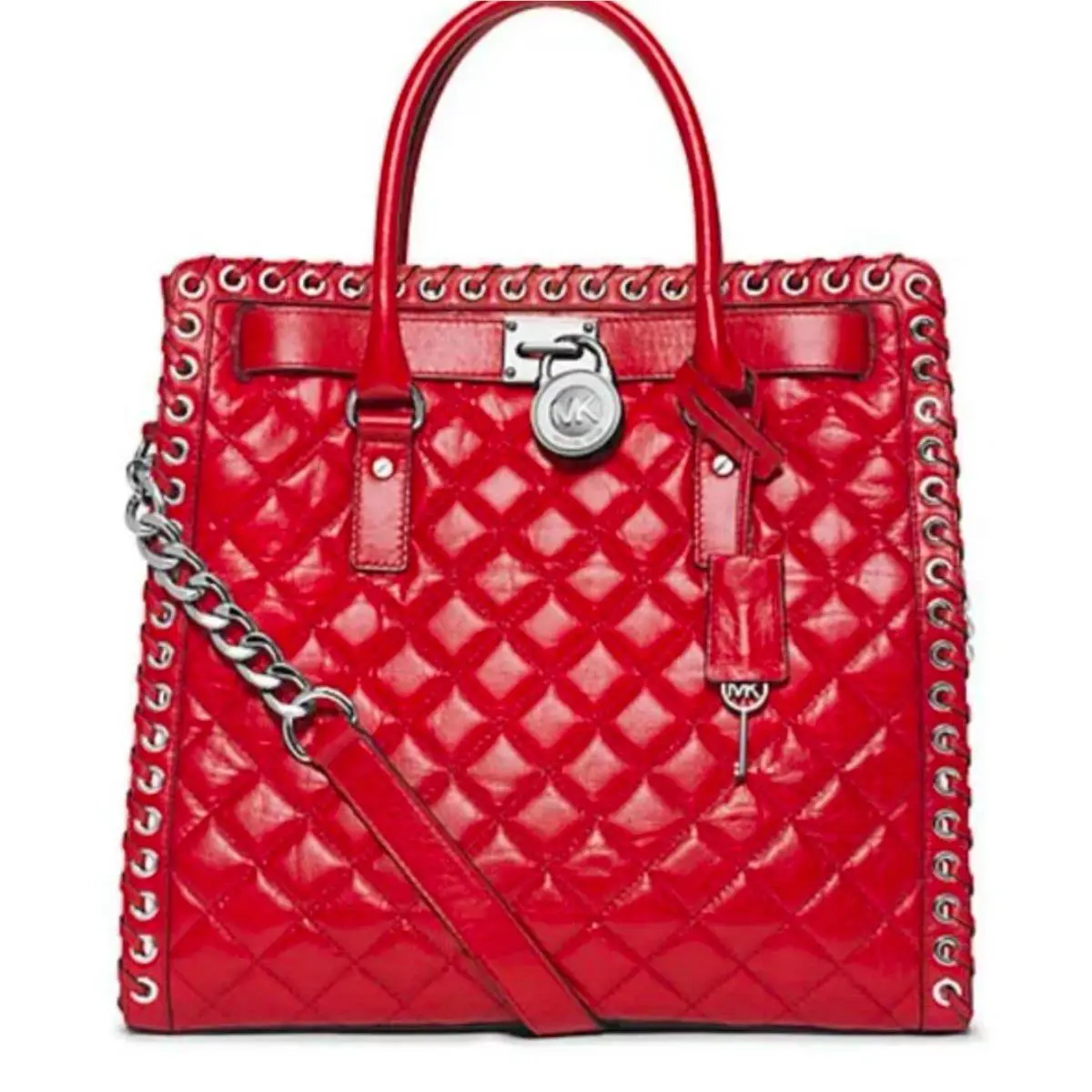 Michael Kors Hamilton Hippie Grommet North South Quilted Tote Red Silver Large