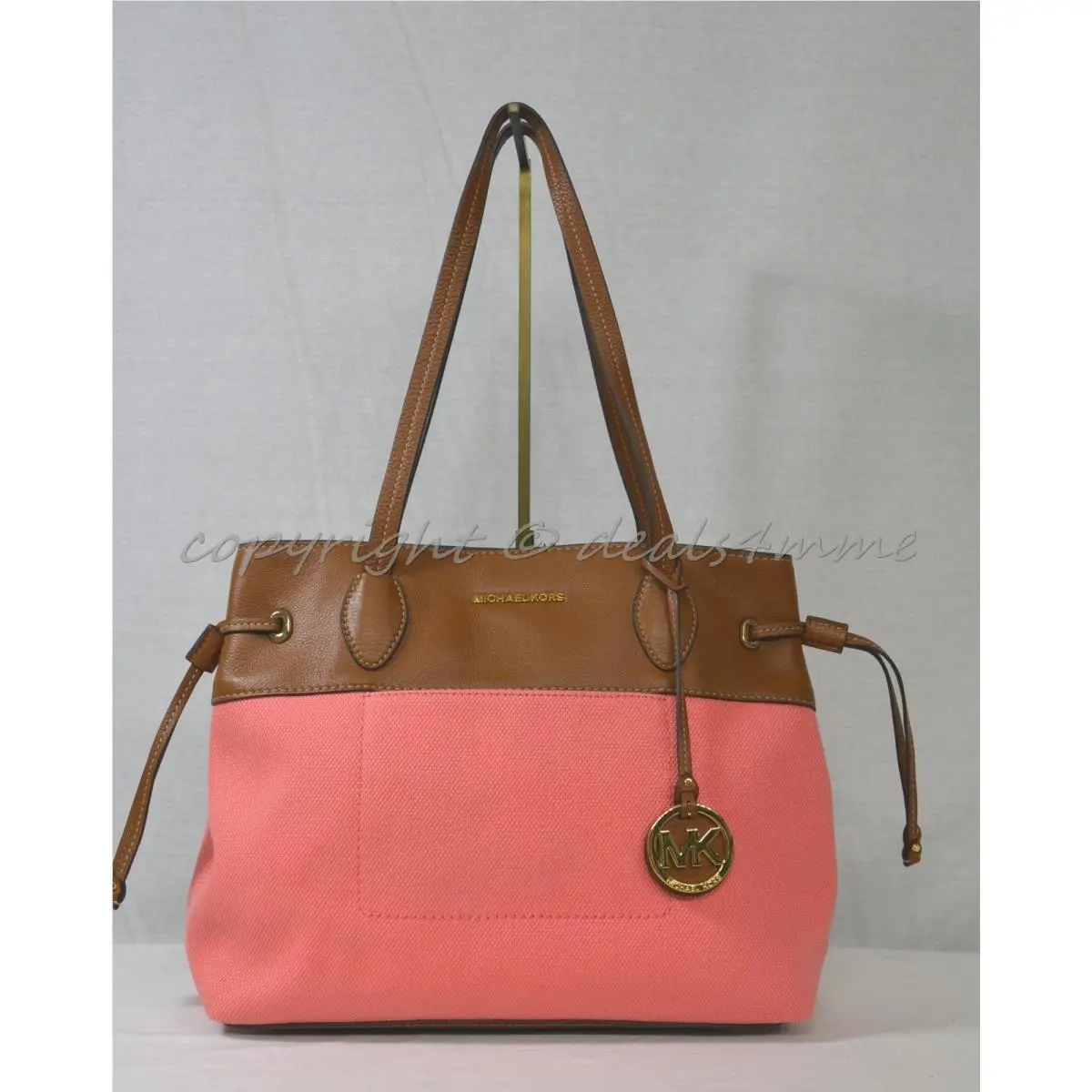Michael Kors Marina East West Drawstring Tote in Coral Canvas Tan Leather