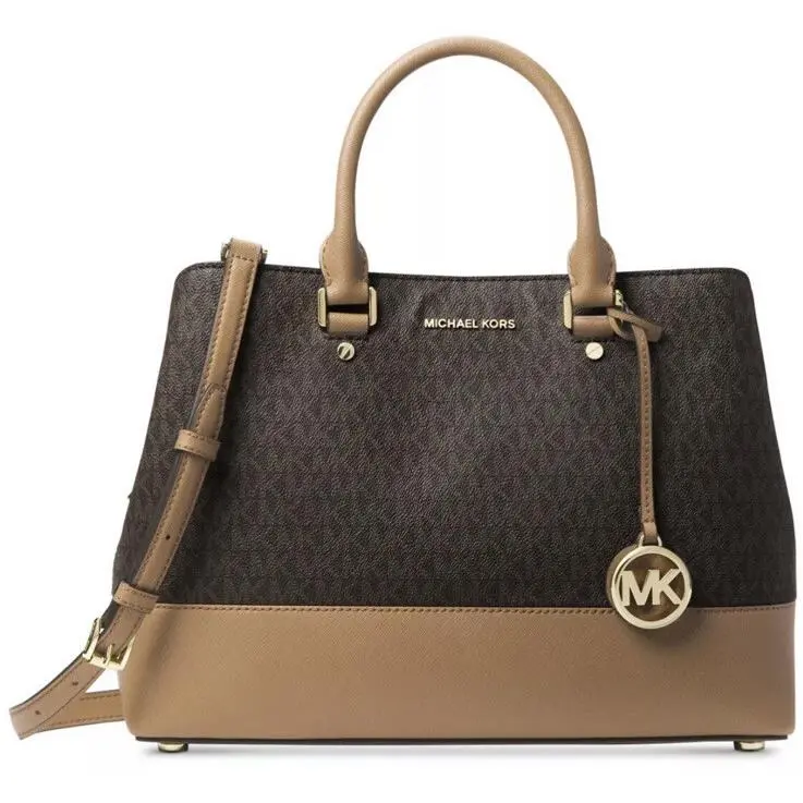 Michael Kors Savannah Signature Large Satchel Brown Acorn Gold Pvc Mono Bag