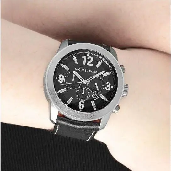 Black Leather Silver Chronogrph XL Runway Oversize Watch MK8249 by Michael Kors