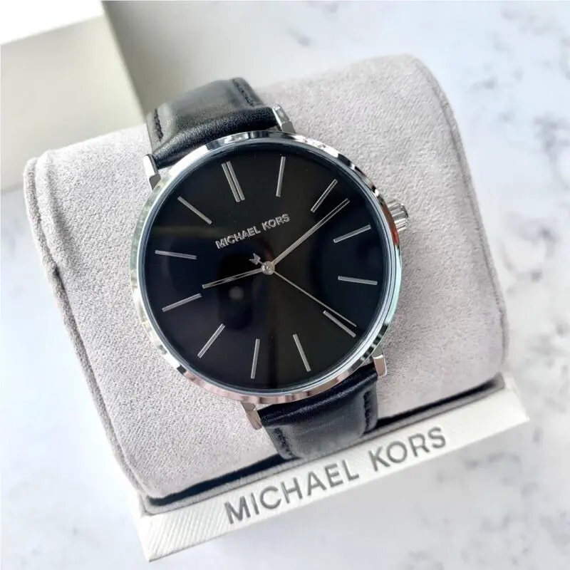 Auden Silver Black Leather Men`s MK7145 Watch by Michael Kors