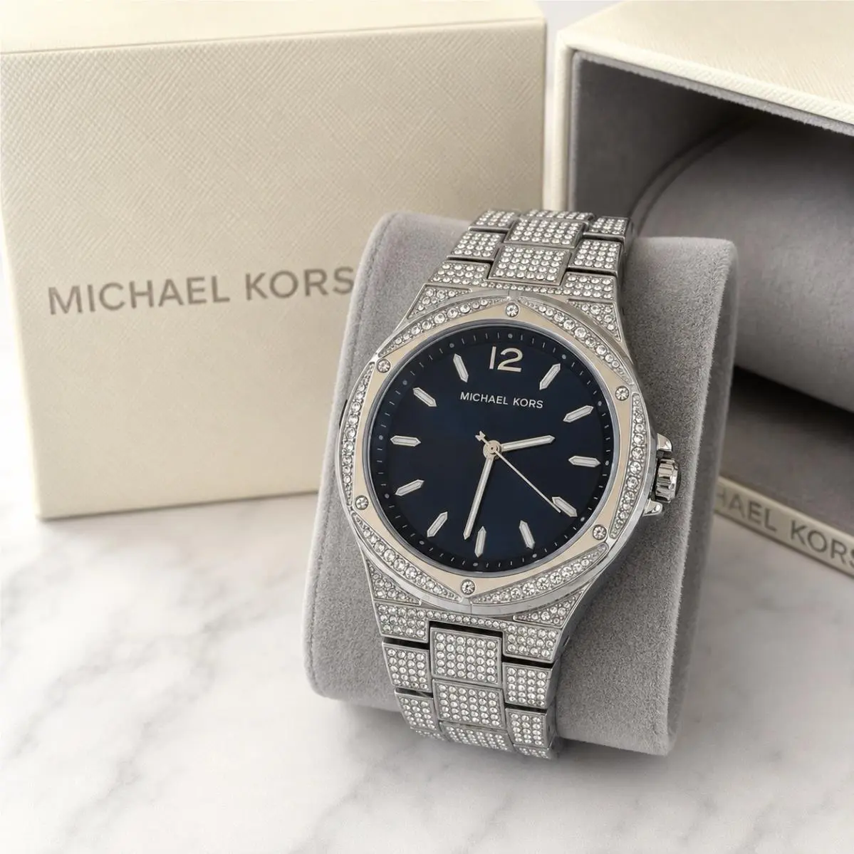 Michael Kors Lennox Pave Glitz Crystal Silver Blue Watch MK6990 + Box