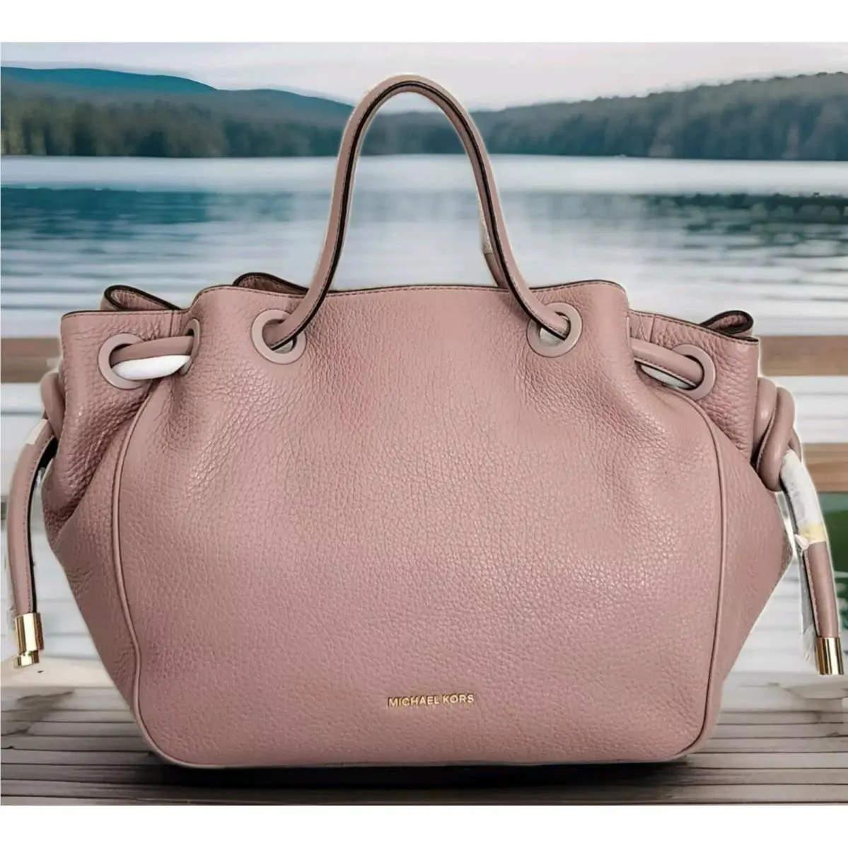 Michael Kors Dalia Drawstring Fawn Pink Beige Tan Leather Large Tote Bag