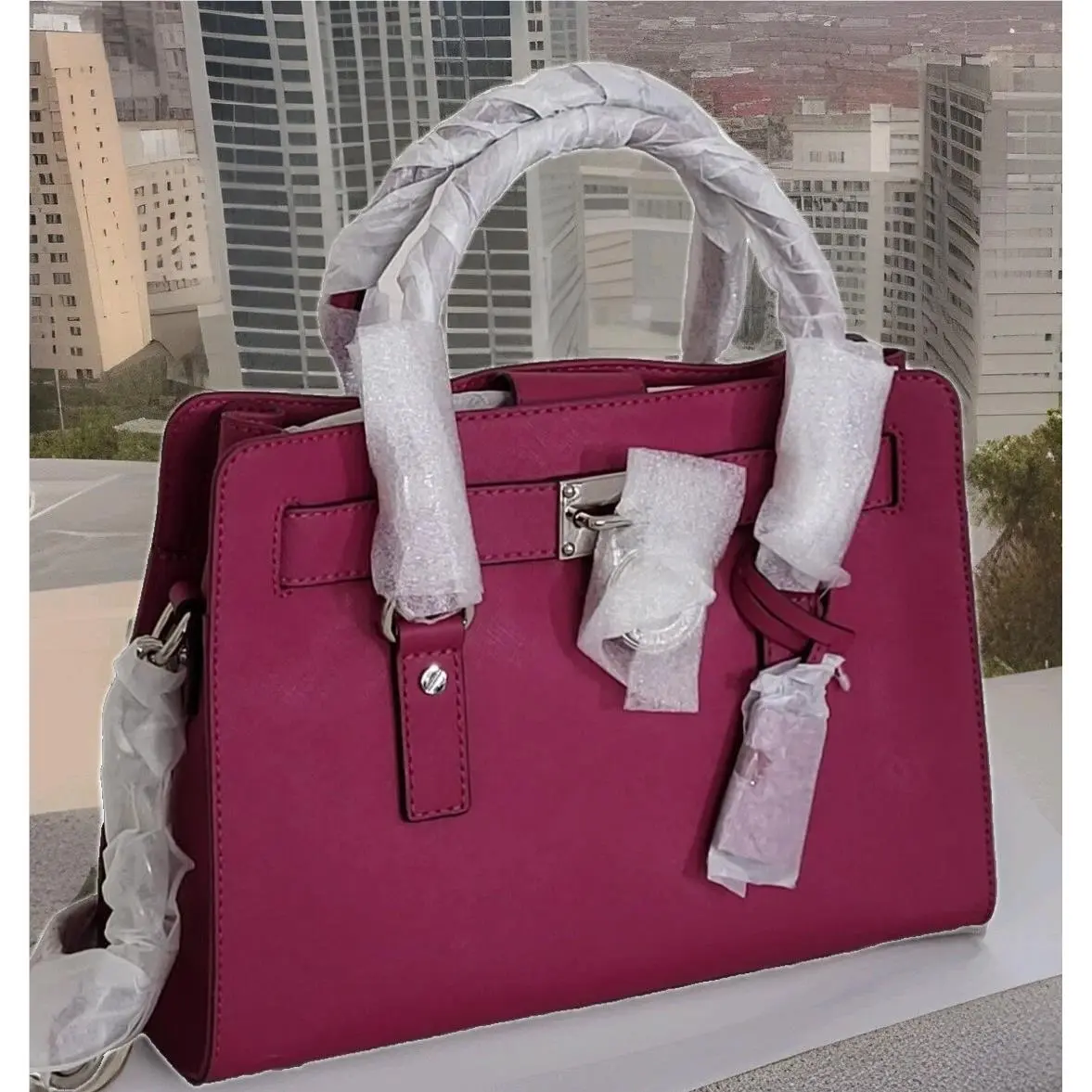 Michael Kors Hamilton Deep Pink Silver Saffiano Leather EW Satchel Bag