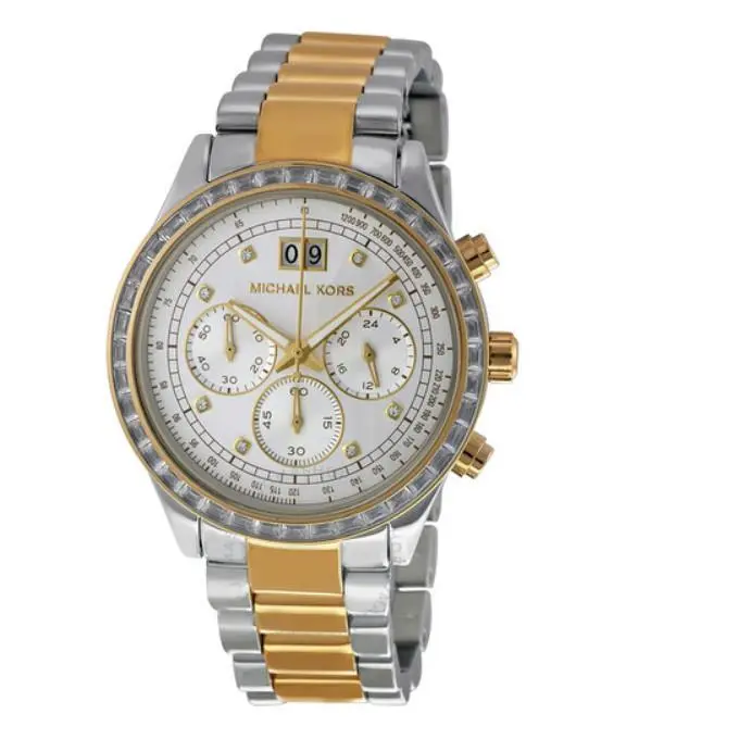 Michael Kors Brinkley Women`s Gold Silver Watch Chronograph Crystals 40mm MK6188