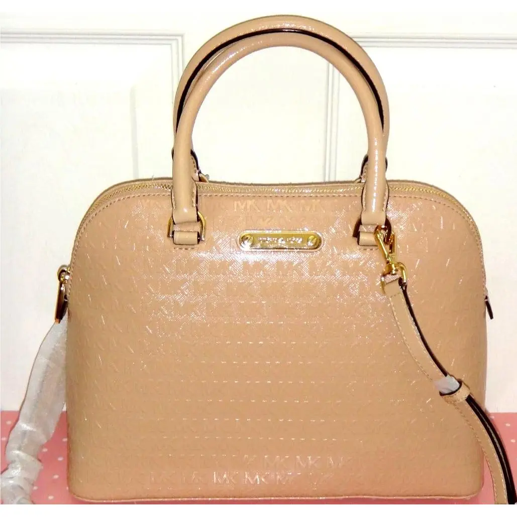 Michael Kors Womens Cindy MK Signature Dome LG Satchel Bag Oyster Patent Leather
