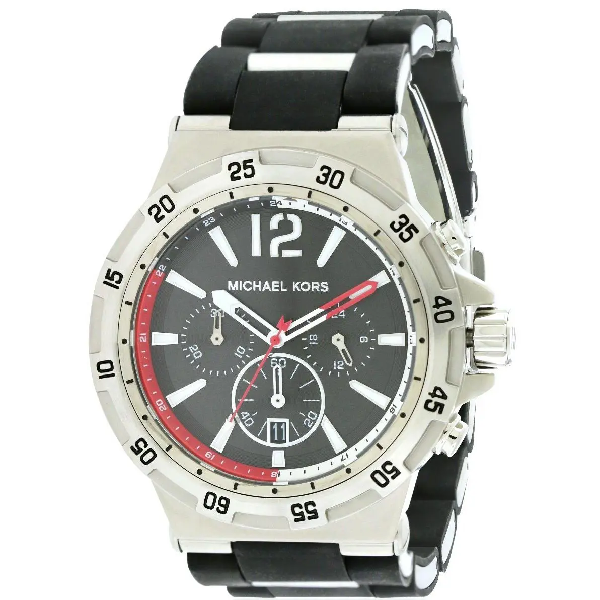 Michael Kors Silver Tone Black Silicone Wrapped Steel Chronograph Watch MK8298 - Dial: RED ACCENT, Black, Silver, Band: Black, Silver