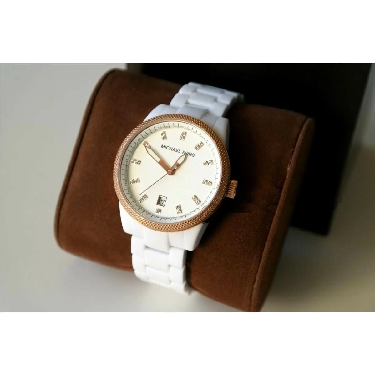 Rose Gold Tone Acrylic White Band Crystal Bracelet Watch MK5404 by Michael Kors