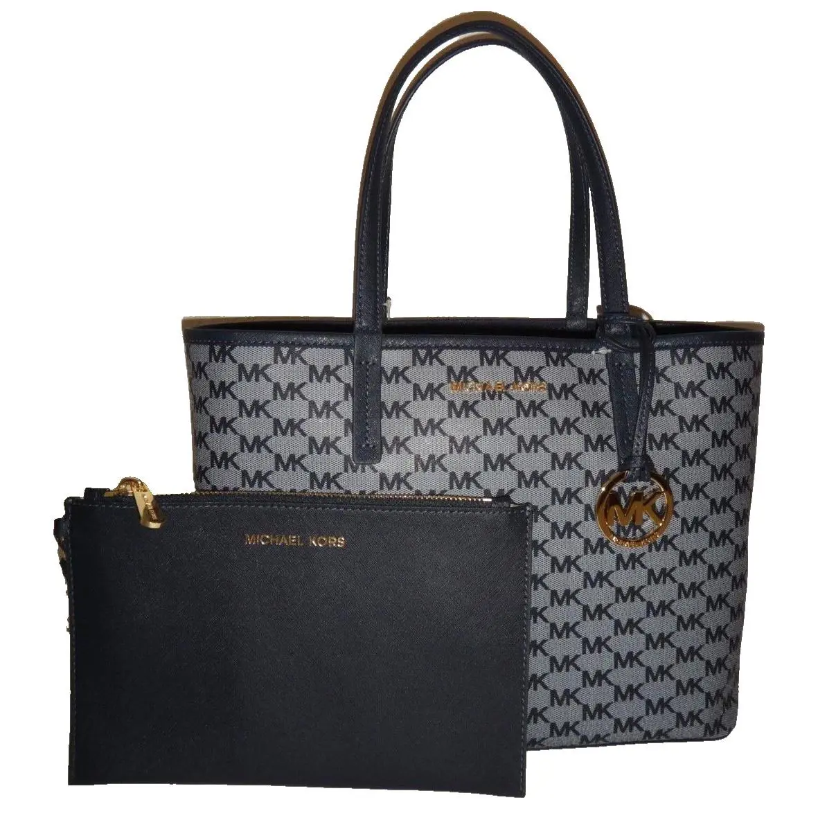 Michael Kors 2-PC Set MK Signature MD Reversible Tote Bag Clutch Blue 38T8XRVT2V