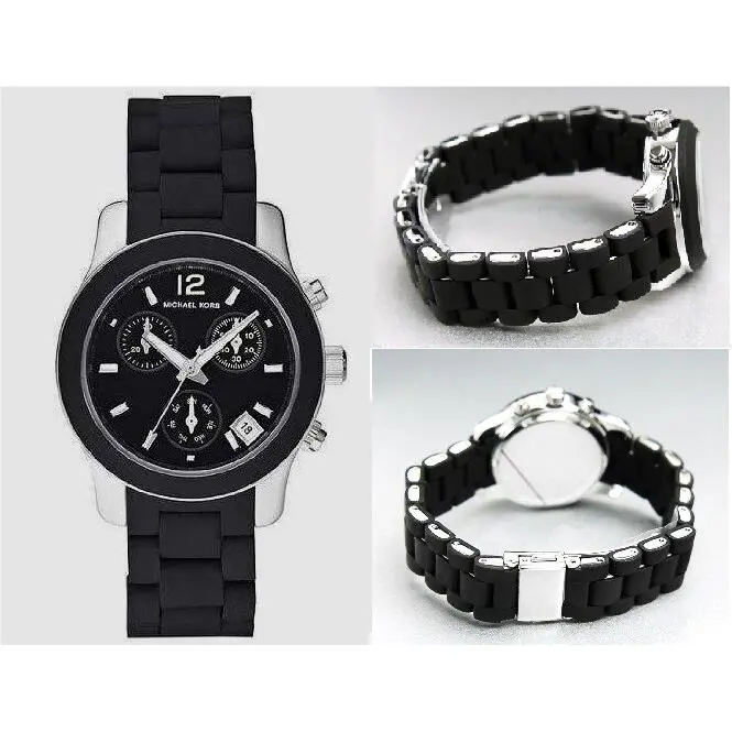Michael Kors Silver Tone Black Silicone Wrapped Band.chronograph WATCH-MK5442