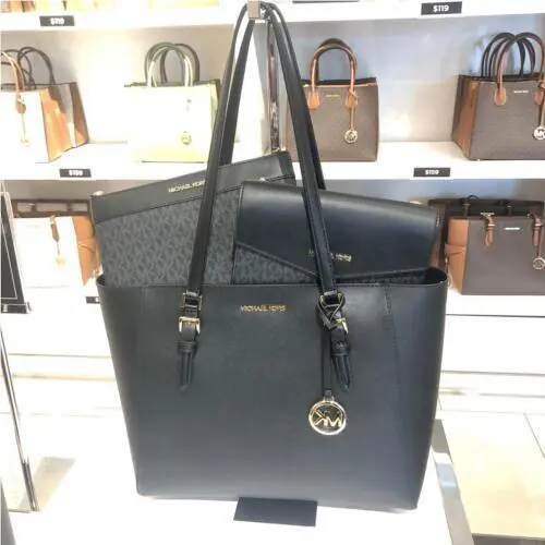 Michael Kors Women Large Leather Tote Crossbody Handbag Purse Black Bag Shoulder