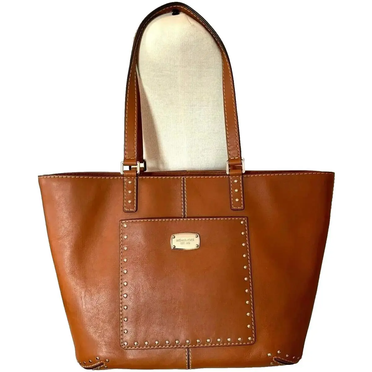 Michael Kors Astor Luggage Leather Silver Stud Large Travel Tote Bag