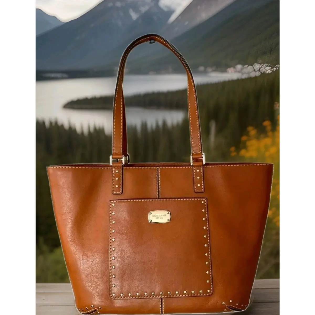 Michael Kors Astor Luggage Leather Silver Stud Large Travel Tote Bag