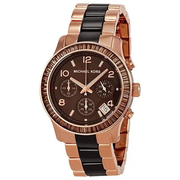Michael Kors Runway 2 Tone Rose Gold+brown Crystals Chrono Bracelet Watch MK5678