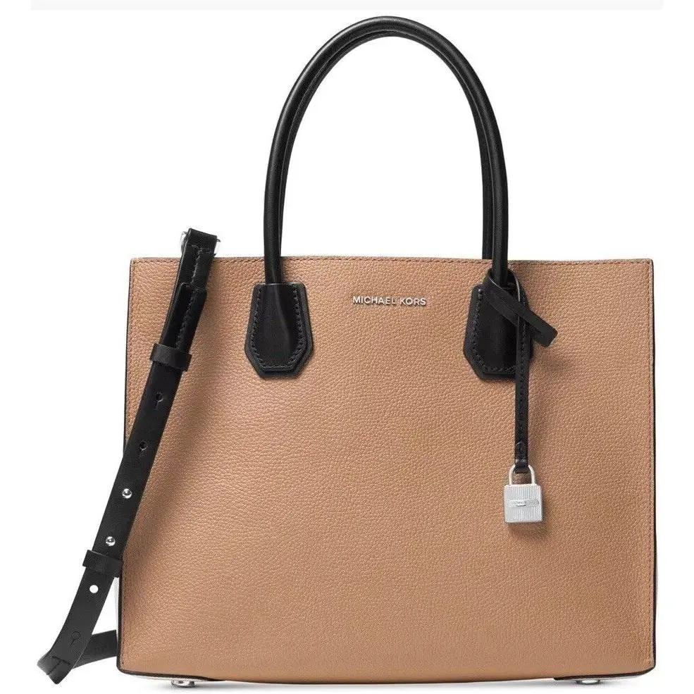 Michael Kors Mercer LG Studio Leather Bag Tote Cashew Ecru Black Colorblock - Exterior: cashew ecru black trim