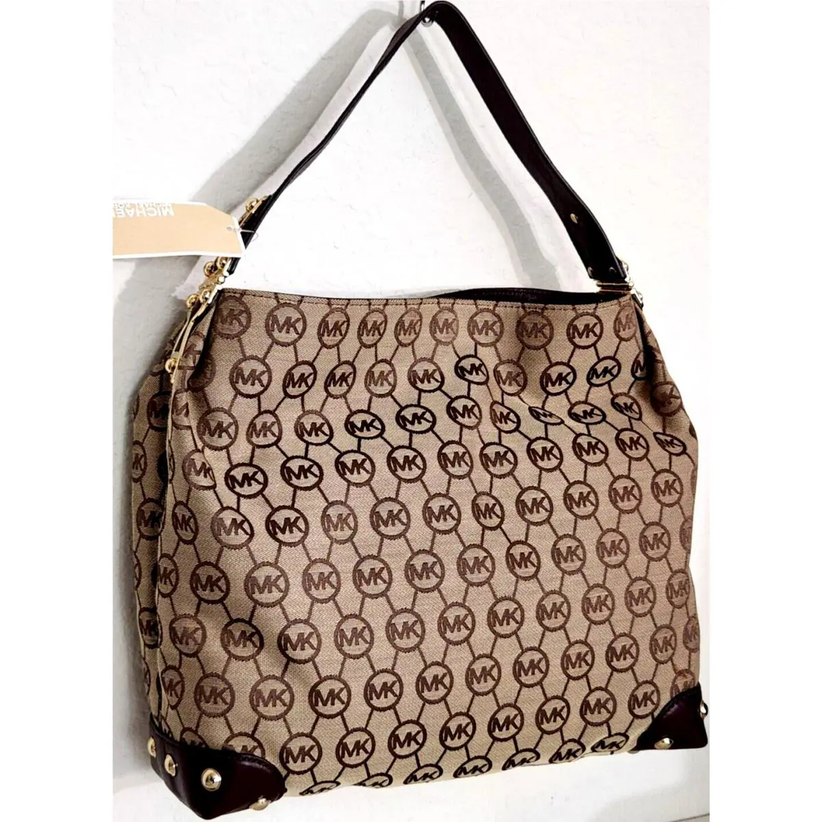 Michael Kors Joplin Logo Beige Mocha Brown Top Handle Large Shoulder Bag