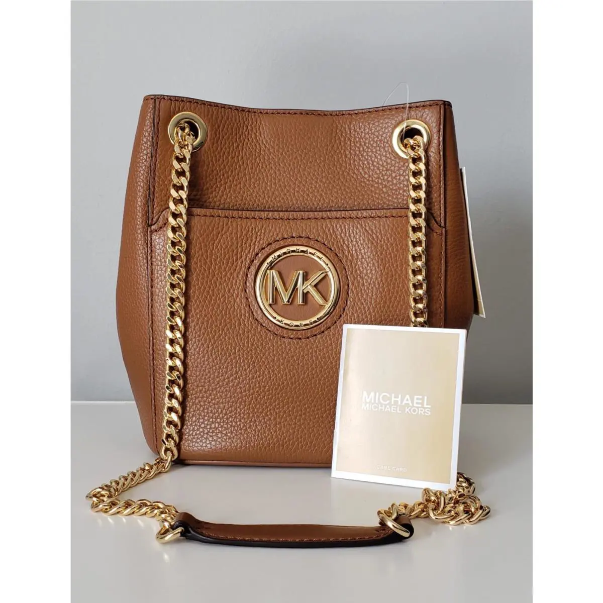 Michael Kors Samira Brown Tan Shoulder Chain Bucket Bag Purse