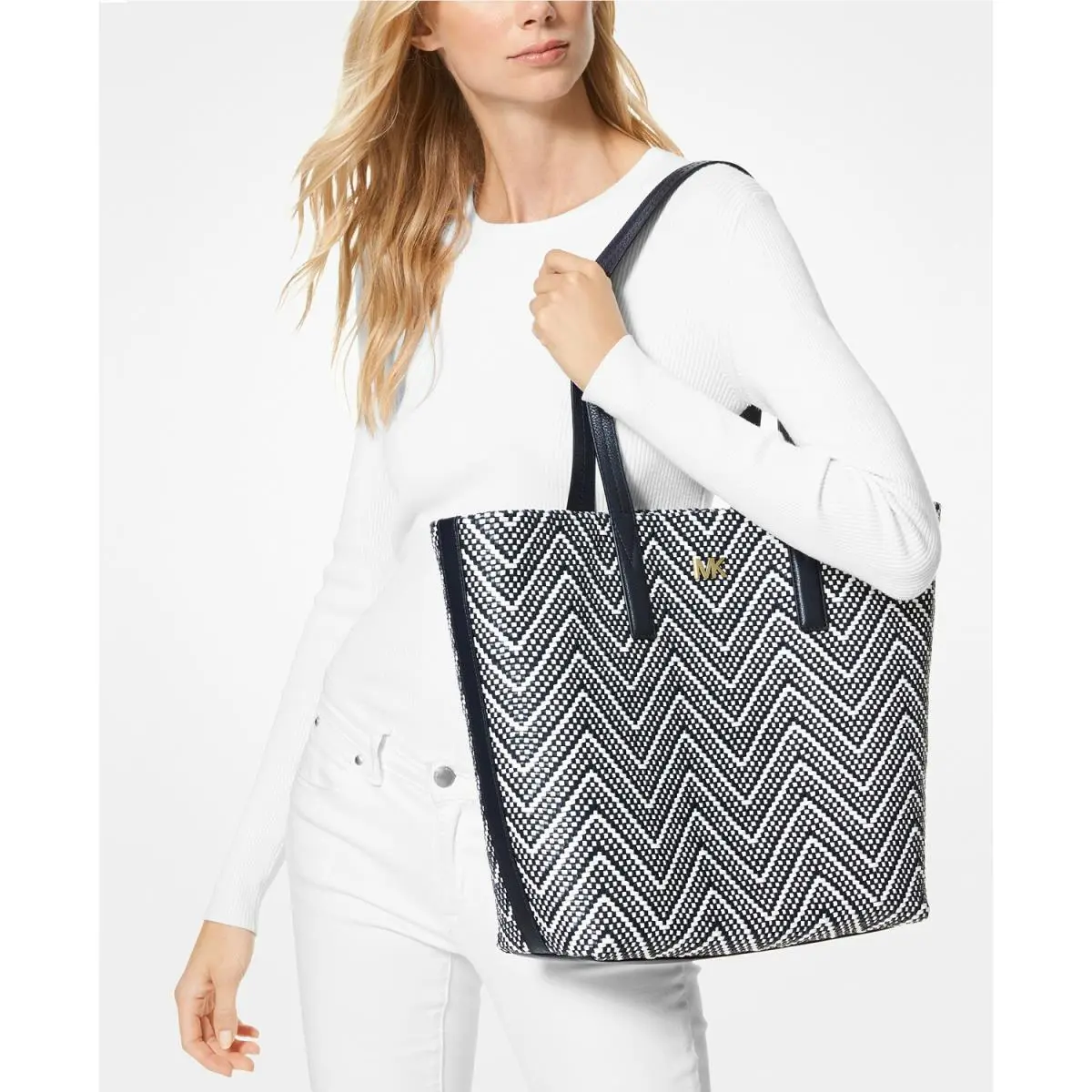 Michael Kors 30H8BX5T3U Junie Large Woven Leather Tote. Admiral Blue/optic White