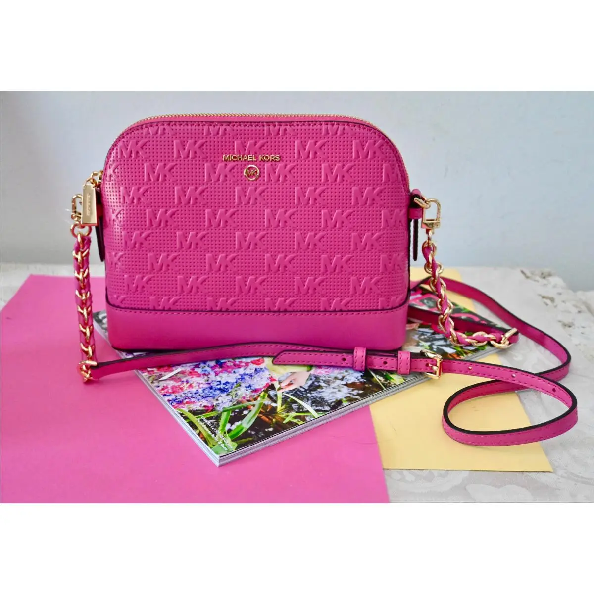 Michael Kors Jet Set Charm Dome Crossbody Bag Monogram Leather Trim Cerise