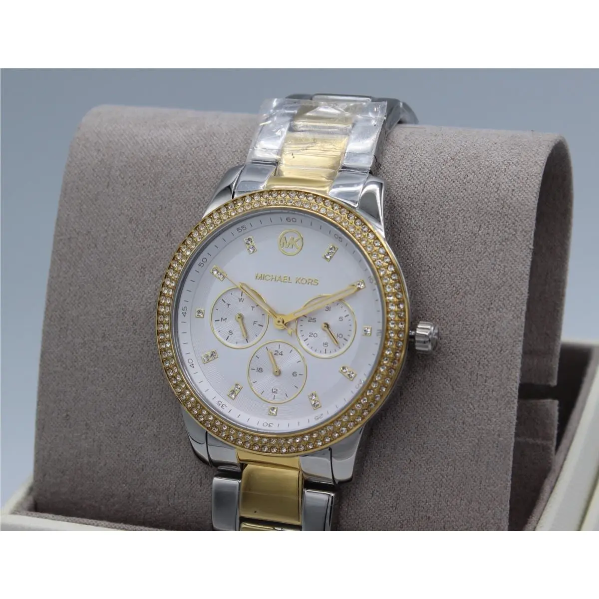 Michael Kors Tibby Silver Gold Crystals Chrono Women MK6825 Watch