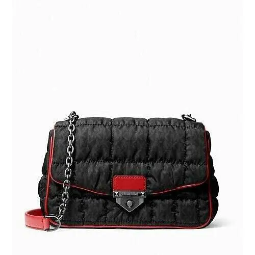 Michael Kors Soho Black MK Logo Quilt Silver Chain Crossbody Shoulder Bag