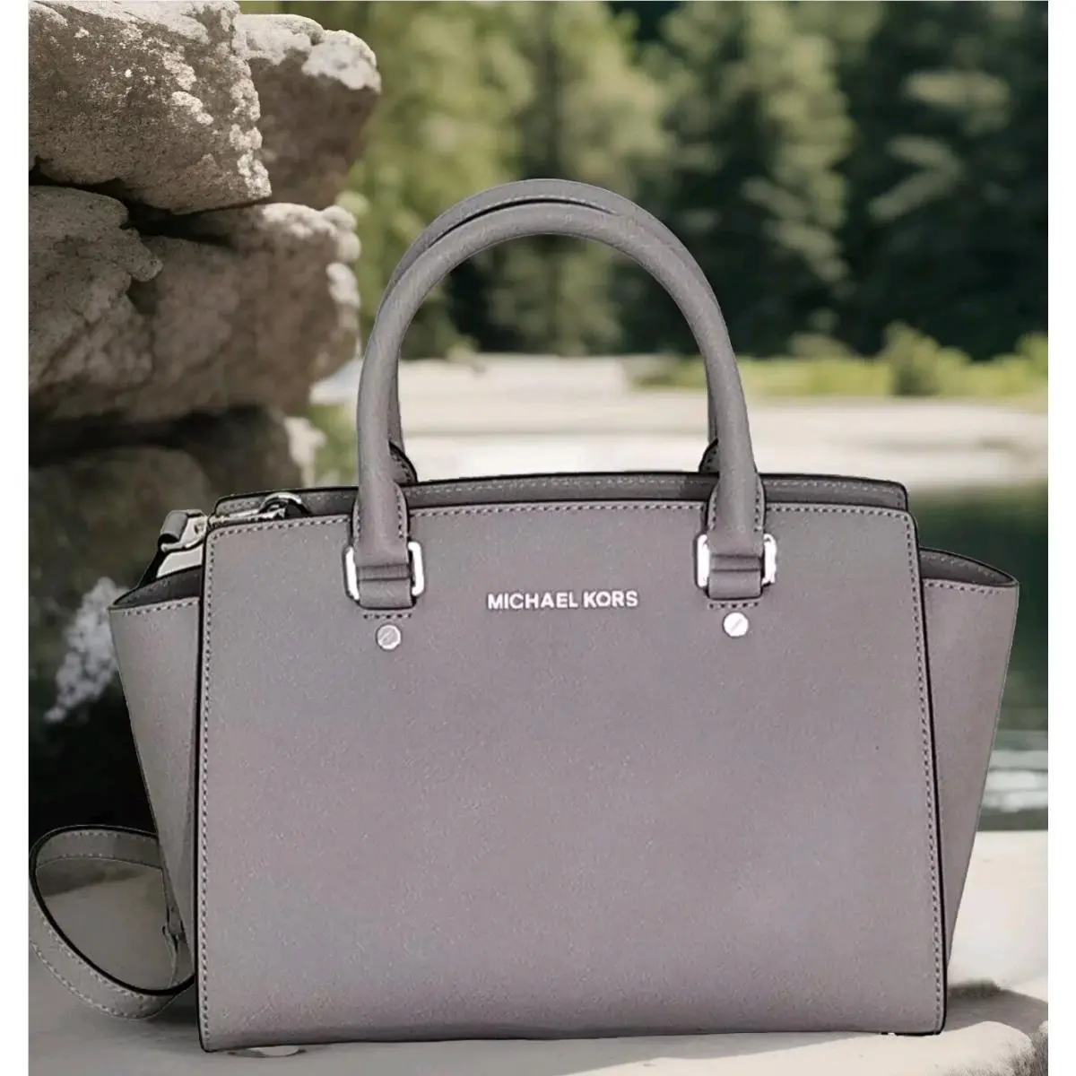 Michael Kors Selma Pearl Gray Leather Silver Crossbody Medium Satchel Bag