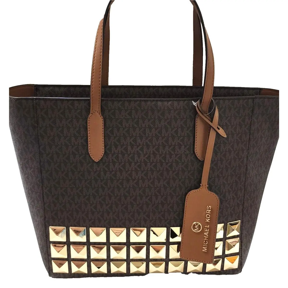 Michael Kors Jet Set Travel Gold Tone Studs Brown Acorn Pvc Tote Shoulder Bag