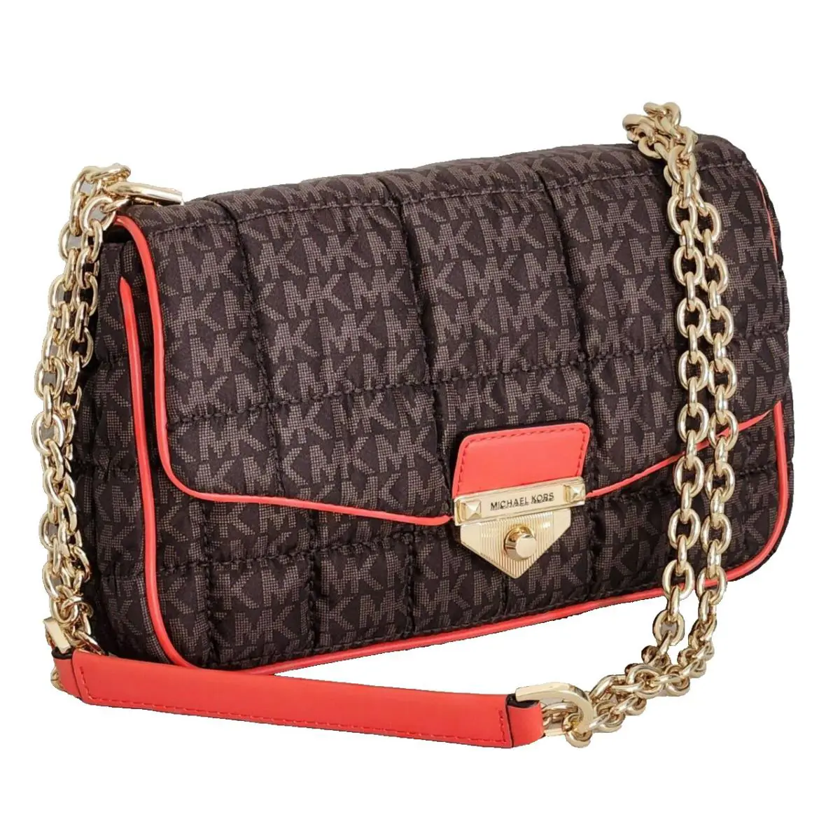 Michael Kors Soho Brown MK Logo Quilt Gold Chain Crossbody Shoulder Bag