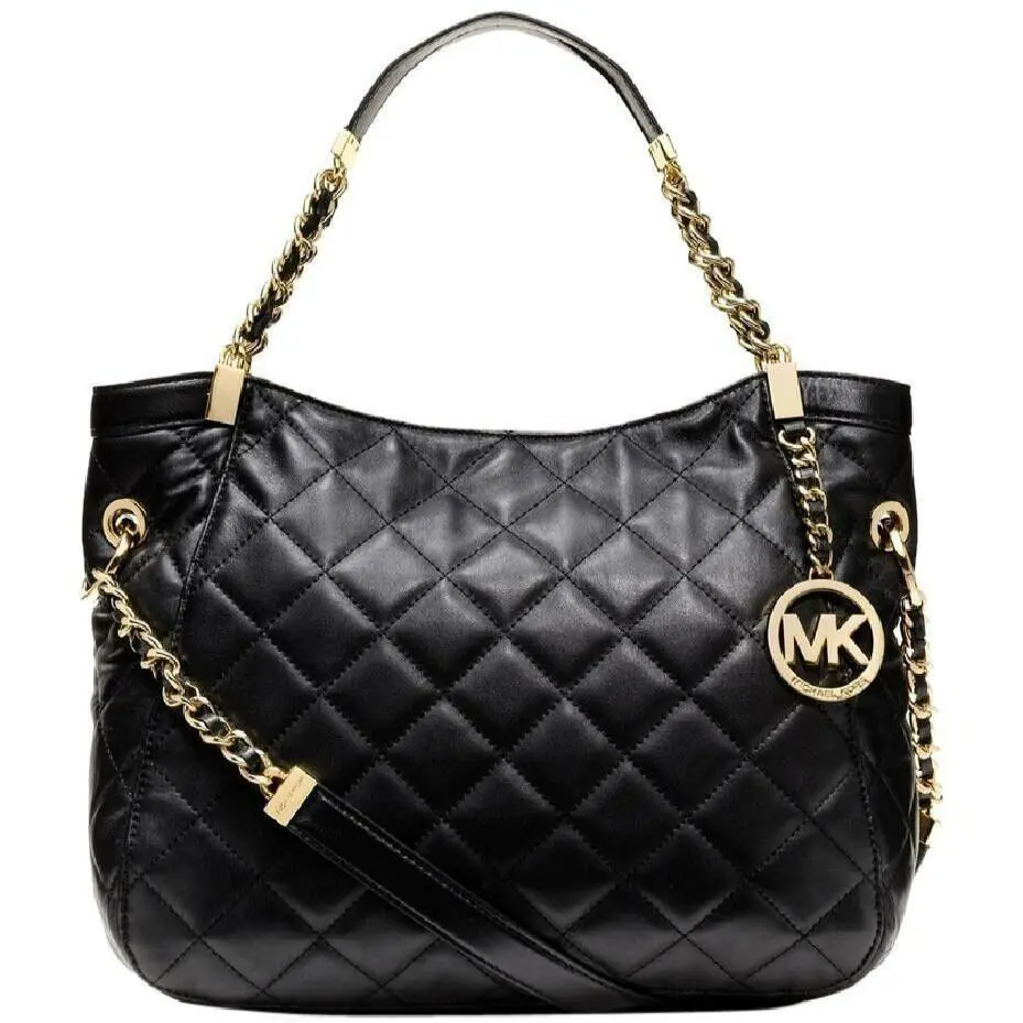 Michael Kors Susannah Black Quilt Leather Gold Logo Medium Shoulder Bag