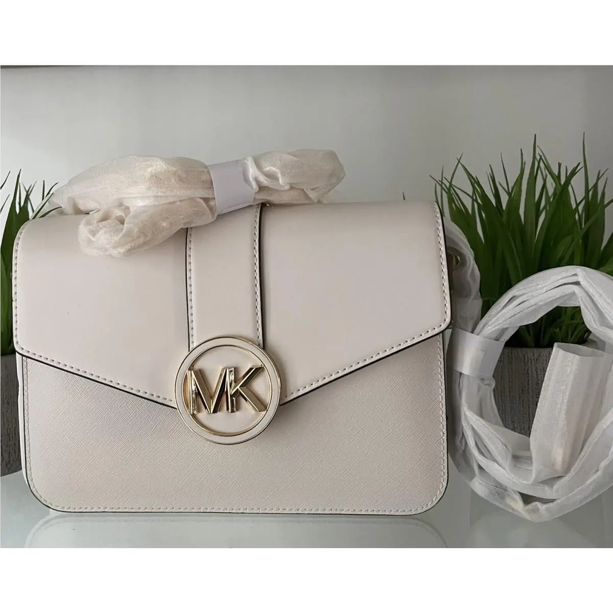 Michael Kors Carmen Medium Flap Crossbody Shoulder Bag Chain MK White