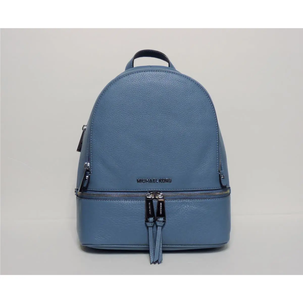 Michael Kors Rhea Zip Small Backpack Sky Blue Silver Cow Leather Handbag Bag