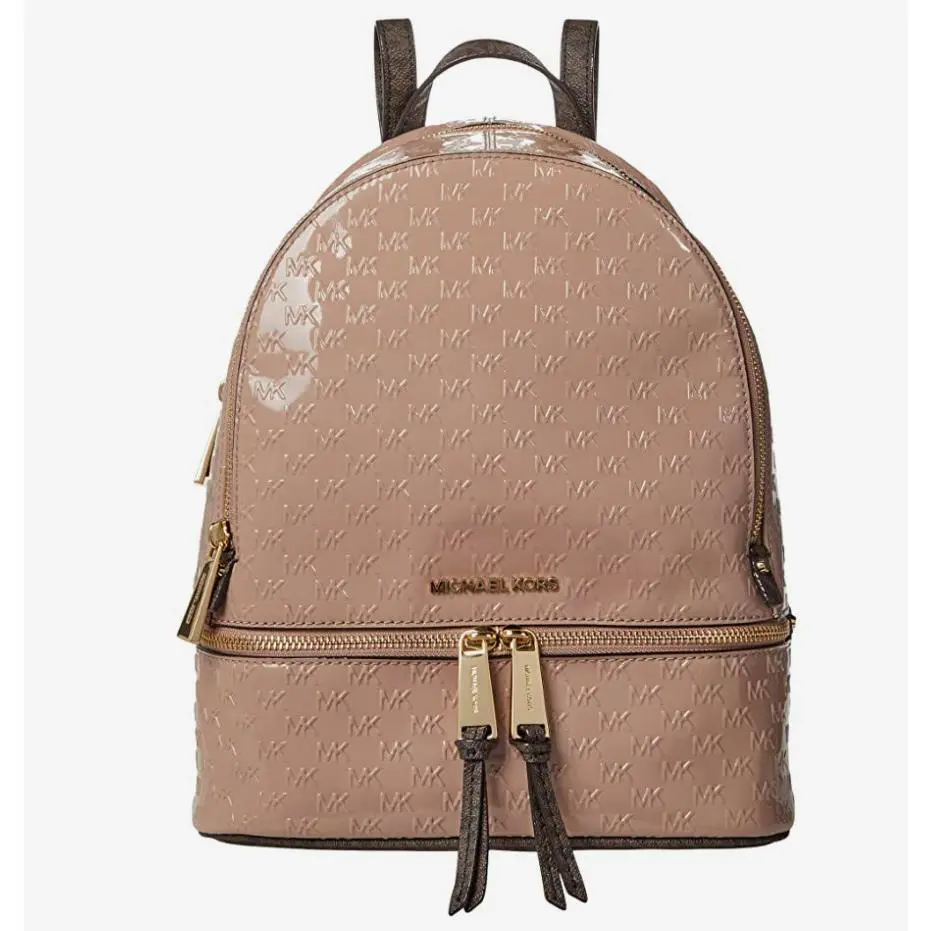 Michael Kors Rhea Zip MK Signature Backpack Bag Faun Patent Leather 30F1GEZB2A