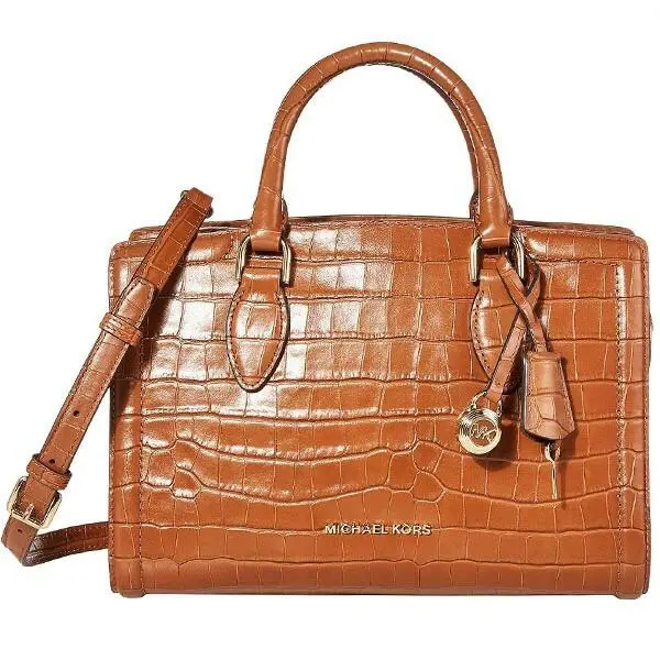 Michael Kors Women`s Croc Embossed Leather Zoe Satchel Handbag Chestnut