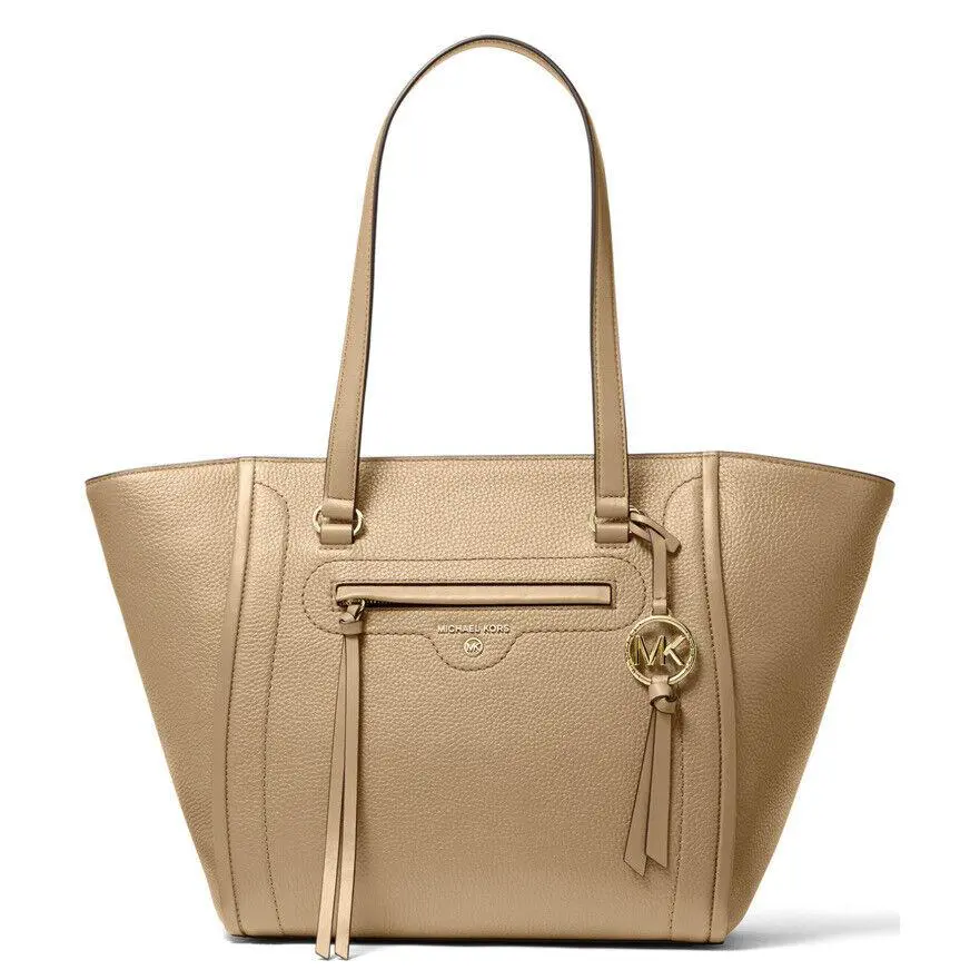 Michael Kors Carine Medium Leather Camel Bag Tote Logo Charm Gold Tone